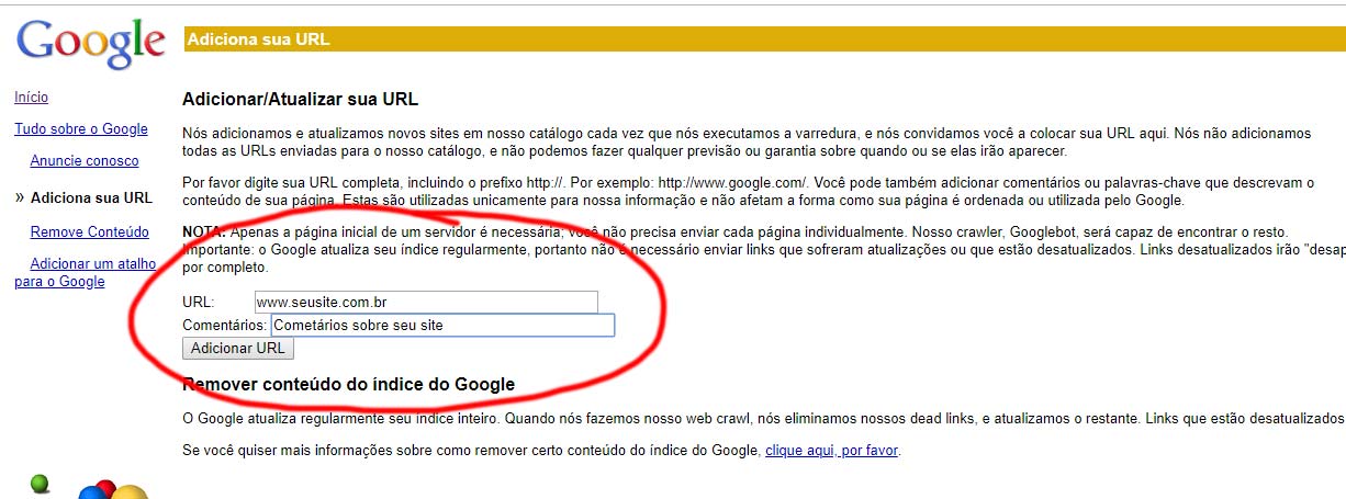 Colocar meu site no Google através da varredura de uma página específica